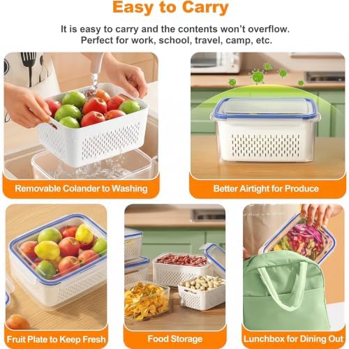 2pcs 4 in 1 Fruit Storage Containers for Fridge with Removable Colanders