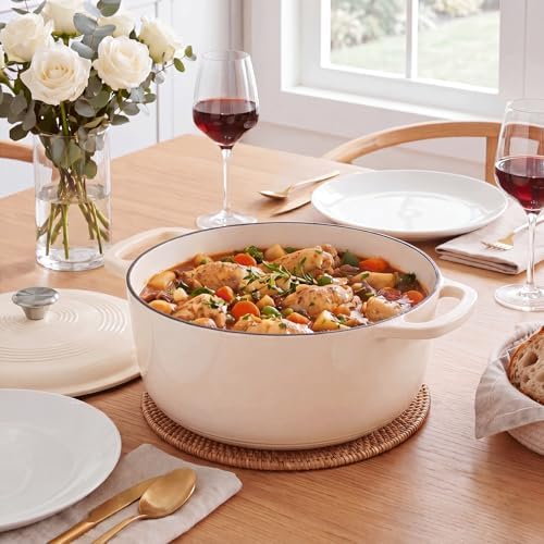 NEWBULIG Cast Iron Dutch Oven, 6 Quart Enamel Dutch Oven Pot with Lid, Heavy Duty Cookware for Sourdough Bread, Braising, Stews, Roasting, Safe up to 500°F, Beige