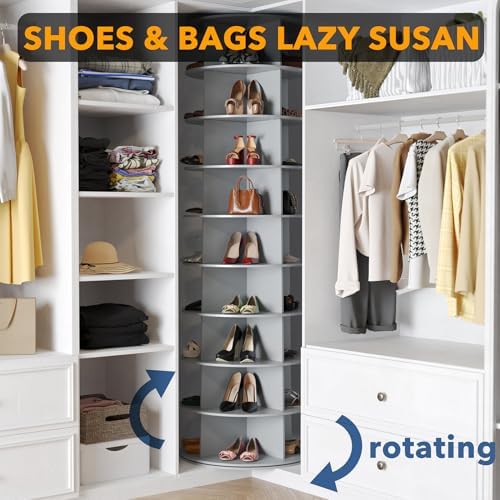 SpaceAid 9 Tier Rotating Shoe Rack Tower, Spinning Shoe Display Lazy Susan, Revolving 360 Shoe Rack Storage Round Carousel, Vertical Handbag Rotate Shoes Closet Organization (9-Tier Gray)