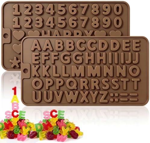2PCS Silicone Molds for Chocolate,Number Letter Molds,Reusable Candy Molds with Happy Birthday Decorating Symbols,Mini Size Alphabet Decorating for Birthday Cake Lollipop Fondant Chocolate