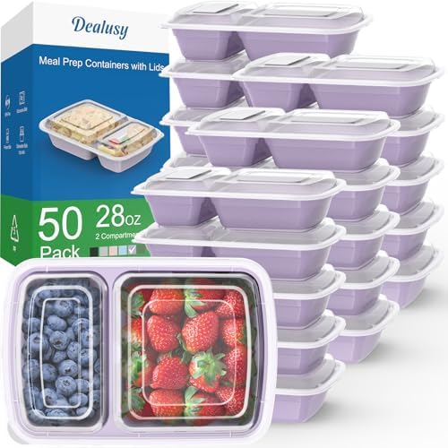 Dealusy 50 Pack 28 oz Meal Prep Containers with Lids 2-Compartment, Lilac