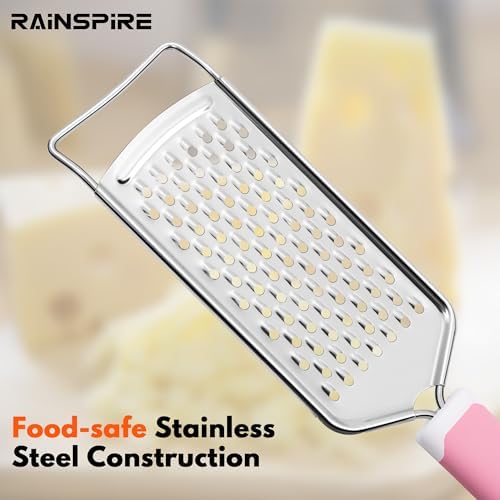 Rainspire Professional Cheese Graters for Kitchen Stainless Steel Handheld, Metal Lemon Zester Grater With Handle For Cheese, Chocolate, Spices, Kitchen Gadgets And Tools, Soft Grip Handle, Pink