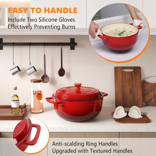 Bonnlo 7.5QT Round Dutch Oven, Enameled Cast Iron Dutch Oven Pot with Lid & Dual Handles, Oven Safe Up to 500° F, for Sourdough, Bread Baking, Stews and Roasting (Red)