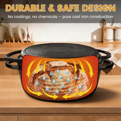 5QT Cast Iron Dutch Oven with Skillet Lid, 2-in-1 Cookware Set