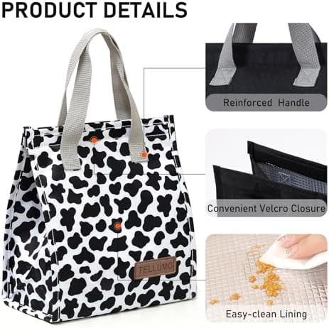 TELLUMO Black Cow Print Insulated Lunch Bag for Women, Cute Small Reusable Leakproof Lunch Box Tote Bag for Work Office Travel