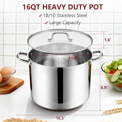 Herogo 16-Quart 18/10 Stainless Steel Stock Pot with Lid, Large Heavy Duty Soup Pot Compatible with Electric, Gas, Induction and Gas Cooktops, Non-Toxic & Corrosion Resistant, Dishwasher Safe