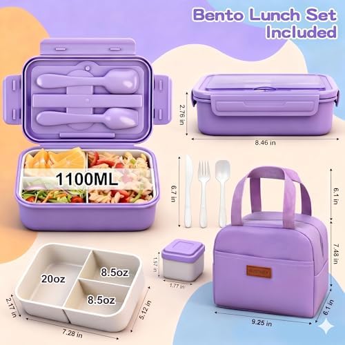 Bento Box Set for Women & Girl, 1100ml Stackable Containers Purple