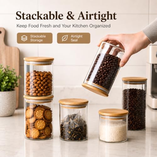 MOLFUJ 1200 ML / 40 FL Oz Glass Storage Container with Wood Lid, Stackable Clear Decorative Organizer Bottle Canister Pantry Jar with Air Tight Wooden Lid for Food, Coffee, Candy, Sugar, Salt, Tea