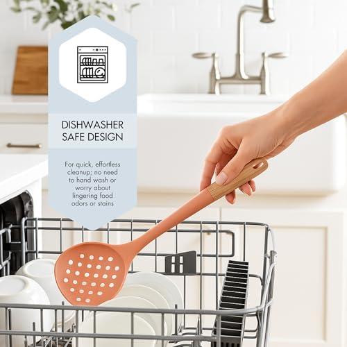 Beille 1pc Slotted Spatula Beech Wood and Silicone Kitchen Utensils Meal Prep Cooking Baking Supplies Home Essentials, Coral