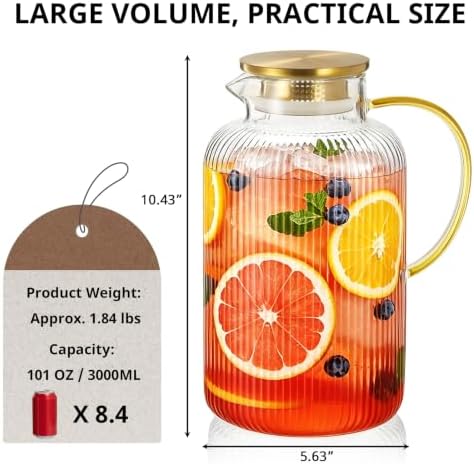 Bivvclaz 3 Liter 101 oz Stripes Gold Glass Pitcher with Lid and Handle