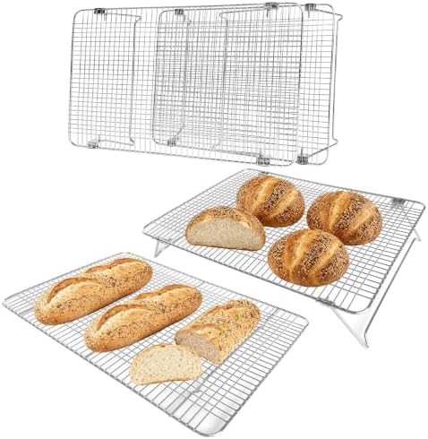 4PCS Sourdough Bread Cooling Rack, Oven Rack for Baking and Cooking Collapsible 12"x 16.5" for Half Sheet, Wire Rack Stackable Stainless Steel Rack for Cookie, Cake, Bacon and Jerky
