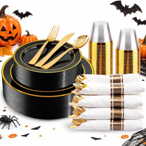 WDF Partyware 175PCS Black and Gold Plates - Black Disposable Plates for Party - 25Guests Disposable Dinnerware Set for Wedding/Party/Birthday/Halloween