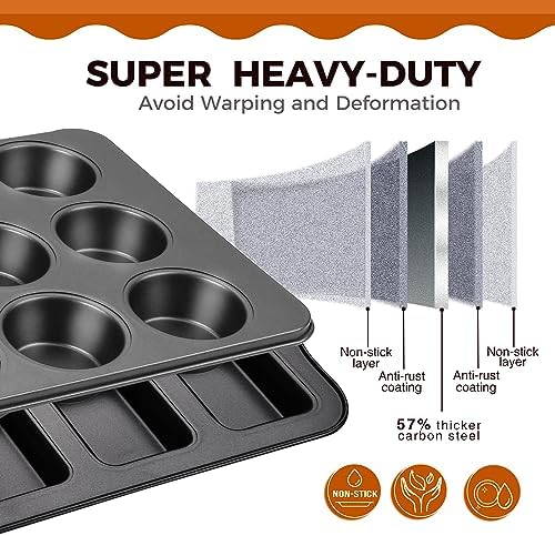 HONGBAKE Nonstick Muffin Pan 12 Cup and Mini Loaf Pans 8 Cavity, Cupcake Tin for Baking and Small Banana Bread Tray - Grey
