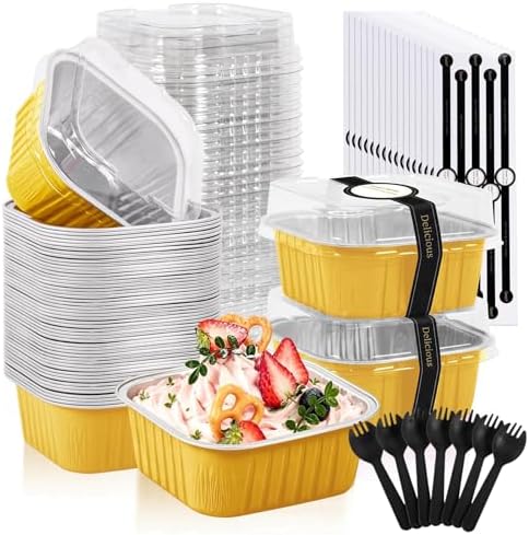 50 Pack Mini Cake Pans With Lids And Spoons,5oz Square Aluminum Foil Brownie Baking Cups,Small Cake Tins,Individual Cake Pans With Lids for Wedding Birthday Party (Gold)