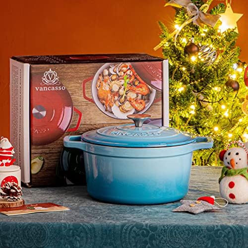 vancasso 7.5 Qt Round Enameled Cast Iron Dutch Oven with Lid, Blue