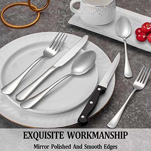 48 Pcs Silverware Set with Steak Knives for 8, Stainless Steel Flatware Set, Mirror Polished Cutlery Utensil Sets, Home Kitchen Eating Tableware Sets, Dishwasher Safe