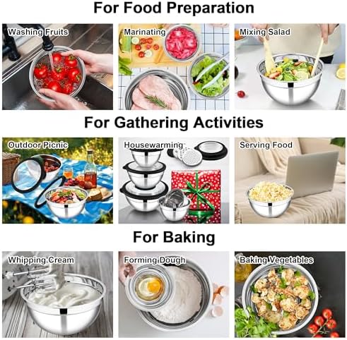 E-far Mixing Bowls, Stainless Steel Salad Mixing Bowl with Lid & Grater Set