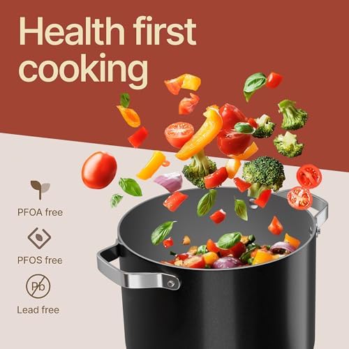 Bakken 8.5 Quart Ceramic Coated Stock Pot with Lid, Easy Clean Nonstick Pot, Tempered Glass Lid, Riveted Stainless Steel Handles, Oven Safe Up To 500°F, PTFE & PFAS Free, All Stove Compatible, Black
