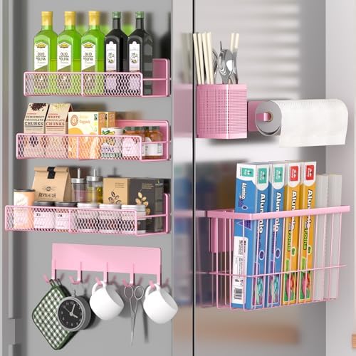 DTUQYX Magnetic Spice Rack for Refrigerator, 7 Pack Metal Magnetic Shelf, Moveable Magnetic Storage Fridge Organizer Pink, Spice Organizer, Hook Rack, Paper Towel Holder, Cutting Board Holder, HM5470