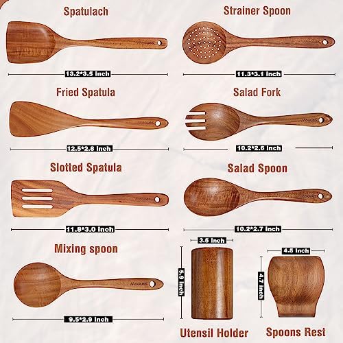 Mooues Wooden Kitchen Utensil Set, 9 Piece Natural Teak with Spoon Rest