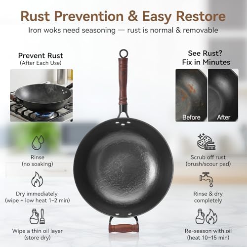 WANGYUANJI Cast Iron Wok Pan with Lid, 14.2 Inch Large Flat Bottom Uncoated Stir Fry Skillet, Heavy Duty Chinese Iron Pot for 4-6 People, Detachable Walnut Handle, Induction & Gas Safe
