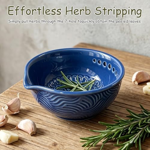 Grater Plate, 3 in 1 Handmade Tool Ceramic Bowl with Herb Stripper (Blue)