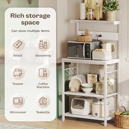 SUPERJARE Kitchen Bakers Rack with Power Outlet, Coffee Bar Table 4 Tiers, Kitchen Microwave Stand with 6 S-Shaped Hooks, Storage Shelf Rack for Spices, Pots and Pans - White