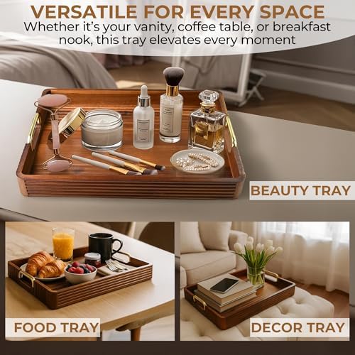 Acacia Wood Serving Tray with Metal Handle, 17x13in Tray for Ottoman