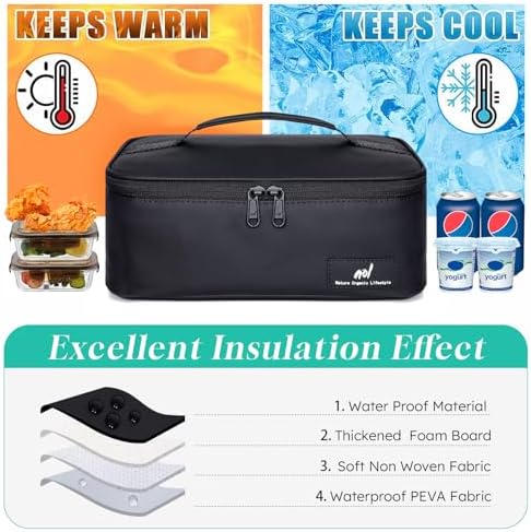 NOL Insulated Lunch Bag for Adults – Compact Cooler Lunch Box with Food-Grade Lining, Waterproof Lunch Bag for Work, Travel | Portable Thermal Meal Tote with Handle, Black