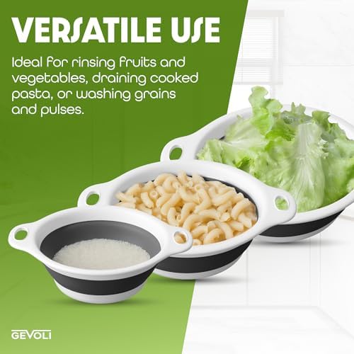 Collapsible Colanders (2 Pack Set) Food Strainers with Over-Sink Water Draining Base for Pasta Fruits and Vegetables (4 and 5 Quart) - White Gray