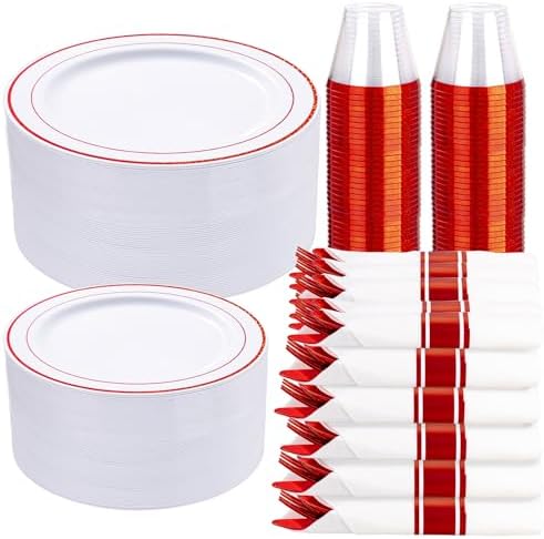 WELLIFE 700 Pieces Red Plastic Plates - Disposable Silverware and Cups, Include: 100 Dinner Plates 10.25”, 100 Dessert Plates 7.5”, 100 Red Cups 9 OZ, 100 Plastic Cutlery