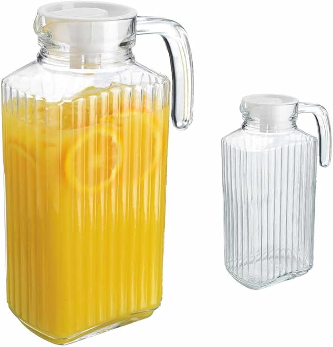 Fridge Pitcher Set of 2– 60 OZ. Glass Water Pitcher with Lid By Home Essentials & Beyond Practical and Easy to use. Great for Lemonade, Iced Tea, Milk, Cocktails and more Beverages.