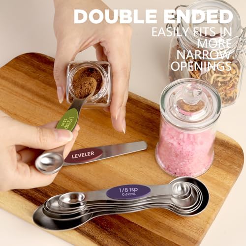 ChefAide Set of 8 Magnetic Measuring Spoons, Stainless Steel, Dual Sided