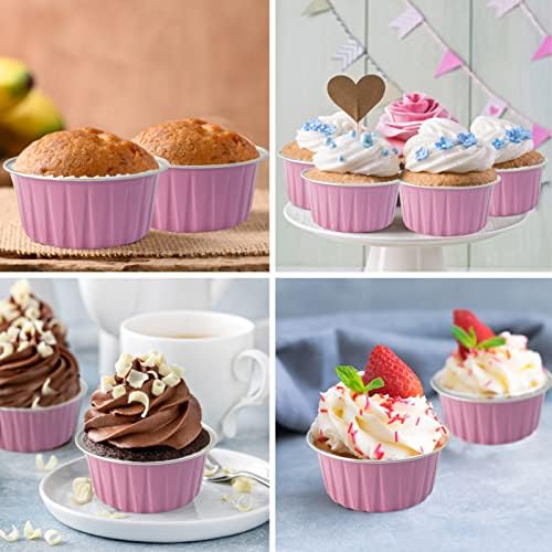 100Pcs Aluminum Cups with Lids,5oz Disposable Ramekin Baking Cups Muffin Liners Mini Pie Pans Foil Cupcake Containers for Christmas Party Wedding,Pink