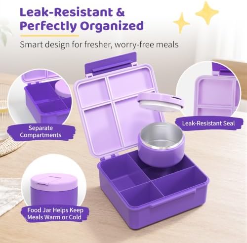 Pawtong Bento Lunch Box with 8oz Soup Thermo, Kids Leakproof Lunch Food Containers with 4 Compartment, Kids Thermo Insulated Hot Food Jar for School, Trvael (Purple)