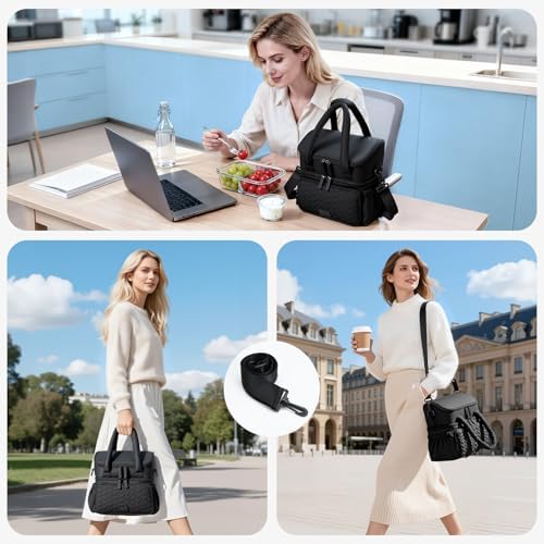 Double Deck Lunch Bag for Women, Black-L