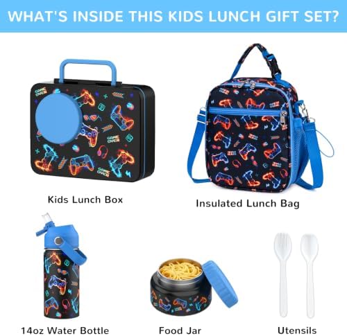 Kids Bento Lunch Box with Food Jar, Water Bottle, Lunch Bag, Game