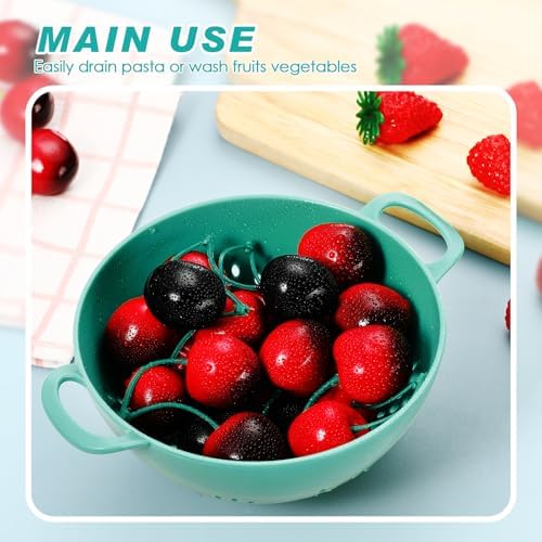 Baderke 4 Pack Mini Colander for Kitchen Plastic Berry Strainer with Double Handles 7.5 x 6 x 3 Inch Small Colander Strainer for Fruits Vegetables Food (Light Blue,Army Green,White,Blue)