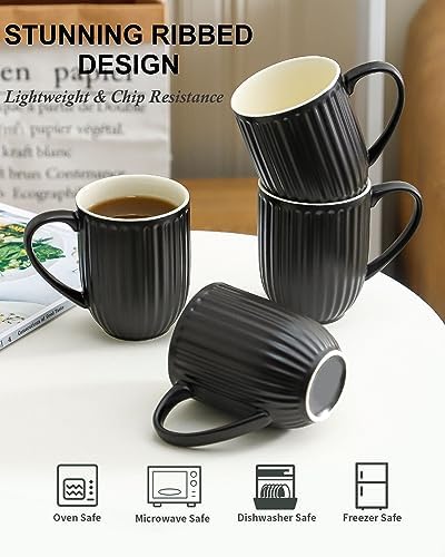 HASENSE 16oz Ceramic Coffee Mugs Set of 4, Black Ribbed Latte Cups with Large Ergonomic Handle, Modern Lightweight, Great for Coffee, Tea & Cocoa, Dishwasher & Microwave Safe