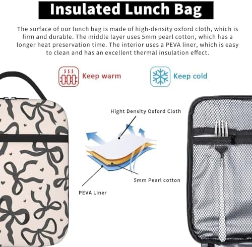 Black Bow Tie Insulated Lunch Box for Kids, Small Cooler Lunch Bag lunchbox for School, Toddler Lunch Box for Girls, Waterproof Durable Portable Lunch Tote Bag Food Container for Travel Picnic Work