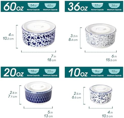 vancasso Ceramic Nesting Bowls with Lids Set of 4, Serving Bowls for Food Storage, Prep Bowl, Ceramic Bowl for Kitchen, Microwave & Dishwasher Safe, 60+36+20+10 Oz, Series SELENE