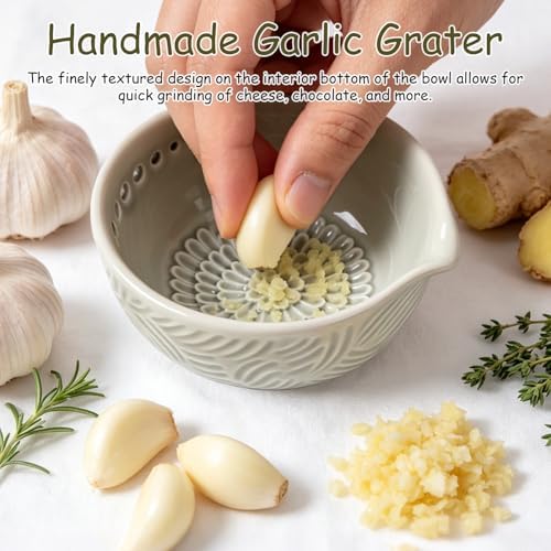 Grater Plate, 3 in 1 Handmade Tool Ceramic Bowl with Herb Stripper (Gray)
