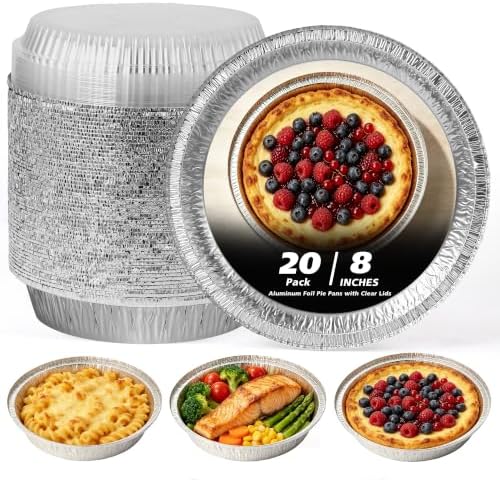 8" Round Aluminum Foil Pans with Clear Lids – 20 Pack Pie Tins Disposable to go Containers with lid for Baking, Storing Leftovers, and Meal Prep, Freezer & Oven Safe Baking Pan