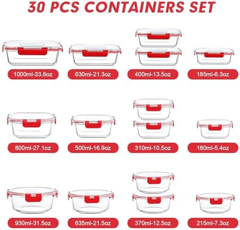VERONES 30 Pieces Glass Food Storage Containers Set with Lids, Red