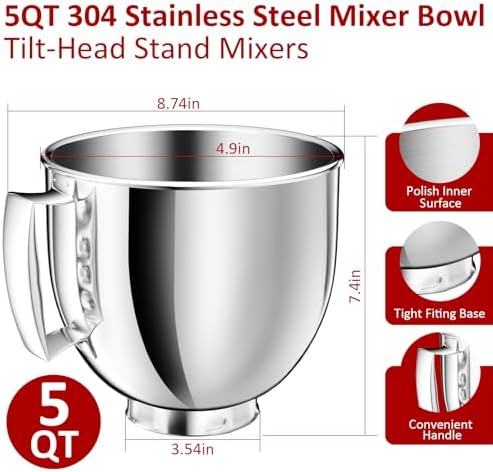 5QT Stainless Steel Mixer Bowl Compatible with KitchenAid Bowls for Mixer, Artisan&Classic Series 4.5-5QT Tilt-Head Mixers, Kitchen Gadgets Mixer Bowl with Handle,Metal Bowl for Kitchen Mixing Bowl