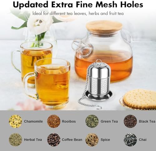 Tea Infuser for Loose Leaf Tea, Extra Fine Mesh Tea Strainers, 304 Stainless Steel & Updated Slim Threaded Lid, Loose Leaf Tea Steeper for Brew Tea, Spices, Rooibos, 2 Pcs, Sliver