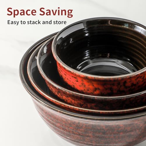 HASENSE Mixing Bowls, 2.1/1.5/1.0/0.5 Qt, Nesting Bowls for Cooking, Baking, Ceramic Serving Dishes Set of 4 for Salad, Fruits, Popcorn, Thanksgiving Christmas Gift, Dishwasher & Microwave Safe, Red