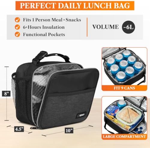 opux Insulated Lunch Bag for Kids, Reusable Lunch Box for School, Charcoal