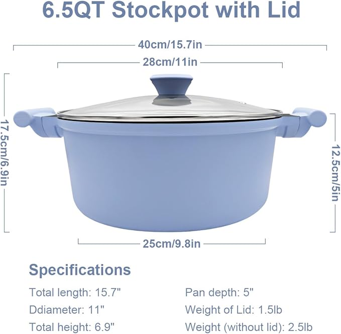 6.5 Quart Stock Pot with Lid, Non Stick Cooking Pot, Soup Pot Nonstick with Stay-Cool Handle, Induction Cookware for Pasta,Soup, Suitable for All Stoves, PTFE & PFAS-Free, Blue