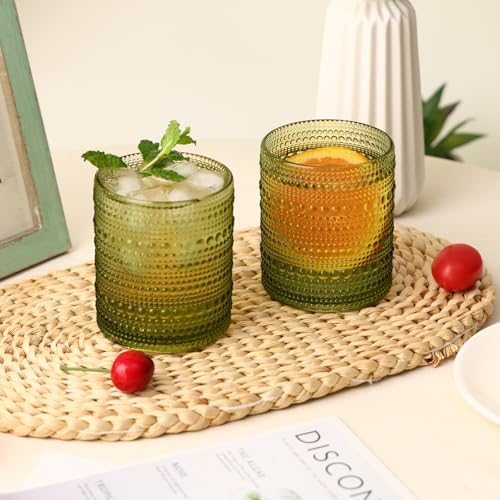 Moretoes 10oz Green Hobnail Drinking Glasses Set of 6 Cocktail Glasses